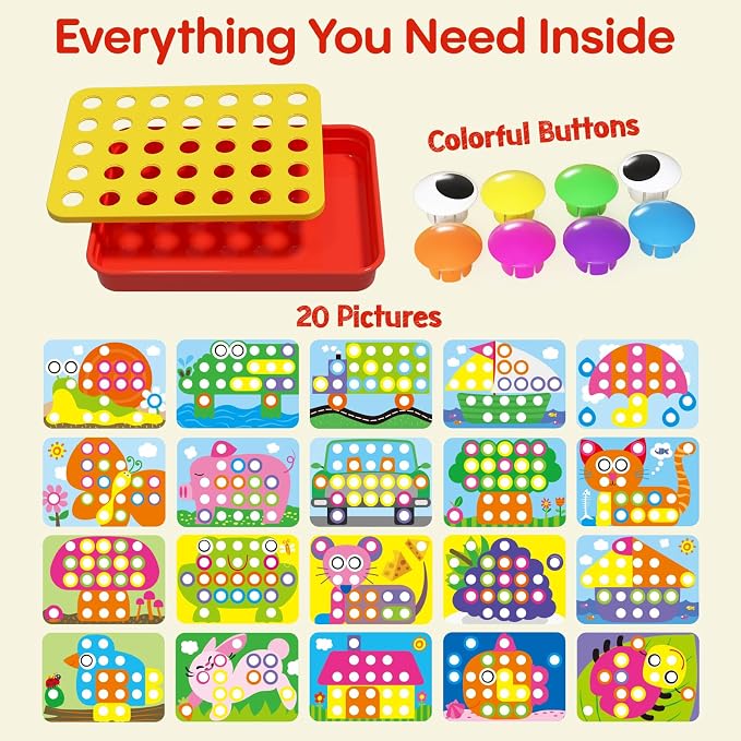 AMOSTING Button Art Toy, Color Matching Pegboard for Kids Ages 3+ | Educational Button Art Activity with Color Matching, Sensory Play and Mosaic Patterns, Preschool Gift for Toddlers