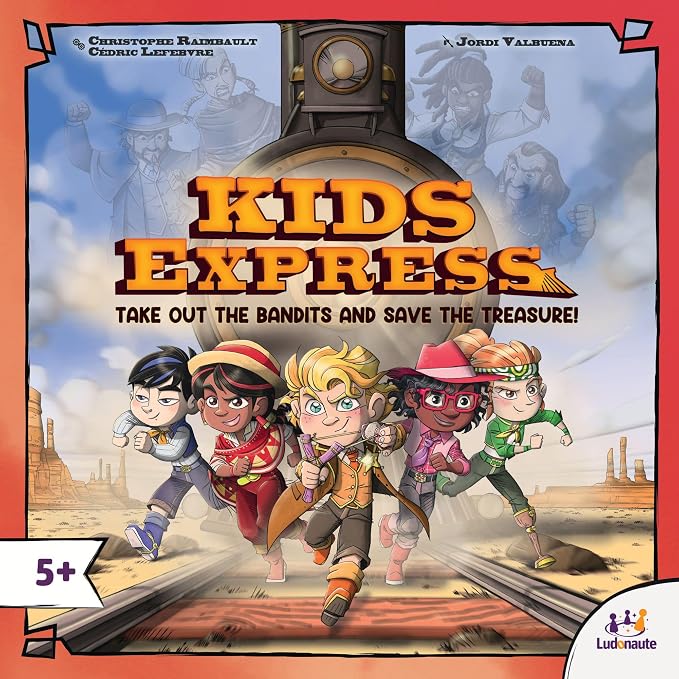 Ludonate: Kids Express - Cooperative Board Game, 3D Train, Flick Projectiles to Hit Bandits, Kids Version of Colt Express, Age 5+, 1-4 Players, 15 Min