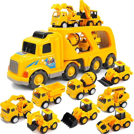 Veslier 9 in 1 Construction Truck Toys with Sounds and Lights in Carrier Truck, Push and Go Vehicles, Birthday Gift for Toddler Boys and Girls Ages 3 4 5 6 Years Old