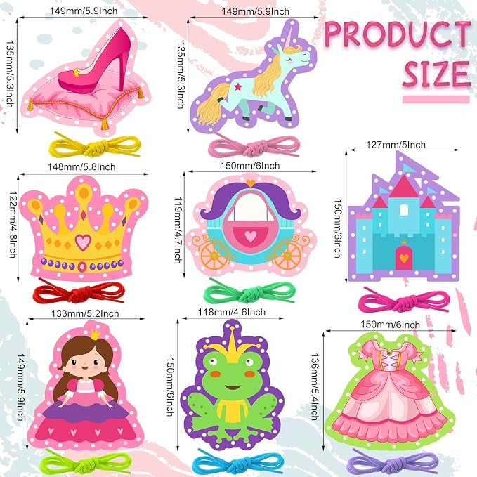 Zonon 8 Pcs Kids Lacing Cards Sewing Cards in 8 Patterns Princess Castle Sewing Kit Lacing Toy Game Favors for Preschool Developing Imagination Education Supplies Kids Children Toddler Ages