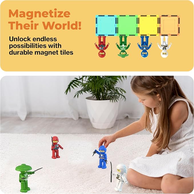 PicassoTiles Ninja Action Characters for Magnetic Tiles Building Block Toy Sets Accessory Add On Kit for Magnet Tile Playsets for Toddlers Boys Girls Ages 3+ Pretend Play STEM Educational Toys PTA14