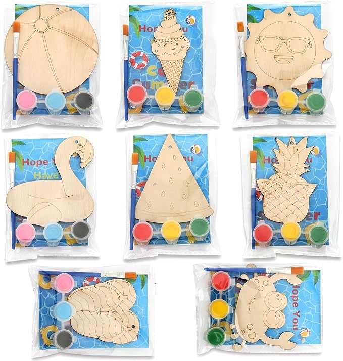 Saypacck 24 Pcs Summer Beach Party Favors Wooden Paint Craft Kits | Hawaiian Theme Kids Crafts, Includes Paints Brushes Organza Bags, Goodie Fillers for Preschool Birthday Gifts