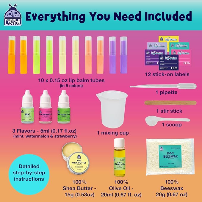 DIY Lip Balm Kit for Ages 8+, Made from Natural Ingredients, 3 Fun Flavors | Moisturizing Lip Balm Making Kit, Make Your Own 10 Custom Experiment Balms, STEM Craft Kit, 8 Year Old Girl Birthday Gift