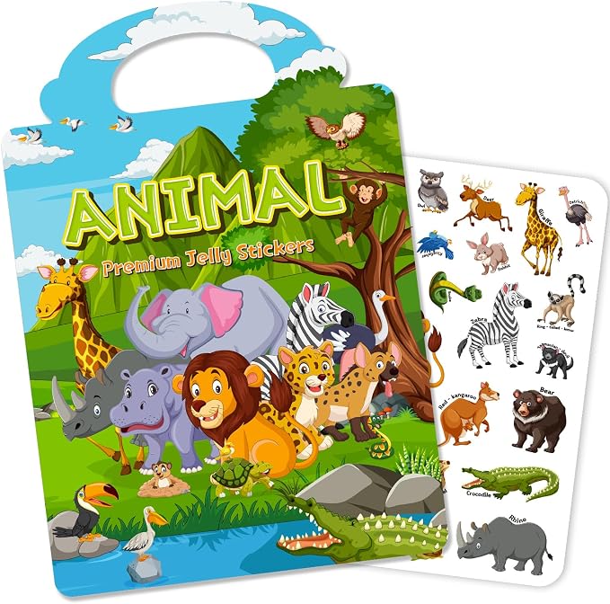 Reusable Sticker Book for Toddlers 3-6, Jelly Stickers for Kids, Sticker Activity Book Travel Toys for Car & Airplane, Educational Learning Gifts for Boys and Girls Ages (Animals Theme)