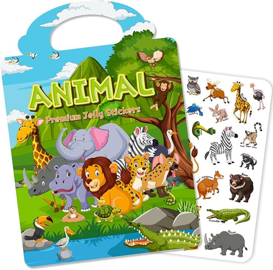 Reusable Sticker Book for Toddlers 3-6, Jelly Stickers for Kids, Sticker Activity Book Travel Toys for Car & Airplane, Educational Learning Gifts for Boys and Girls Ages (Animals Theme)