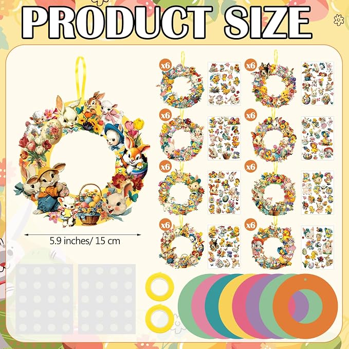 Hollowfly 48 Sets Easter Wreath Craft Kits, DIY Spring Bunny Paper Crafts | Includes Stickers and Ribbons, Easter Family Activity, Spring Party Wall Door Hanging Decor, School Crafts