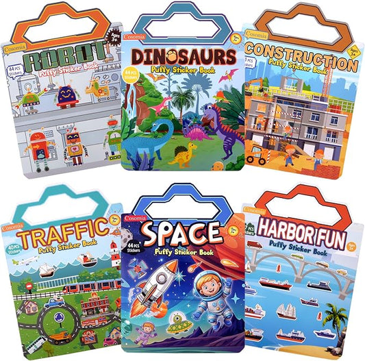 6 Pack Reusable Puffy Sticker Books, 250Pcs Kids Activity Stickers Ages 3+ | Travel Sticker Book Dinosaur/Space/Traffic/Robot/Harbor/Construction for Boys Girls