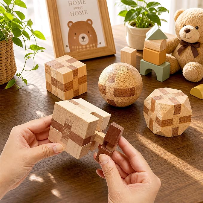 4 Pack Wooden Puzzle Brain Teasers Toy for Kids 3D Puzzles for Teens | Wooden Logic Puzzle Wood Snake Cube Magic Cube Magic Ball Brain Teaser Intellectual Removing Assembling Toy