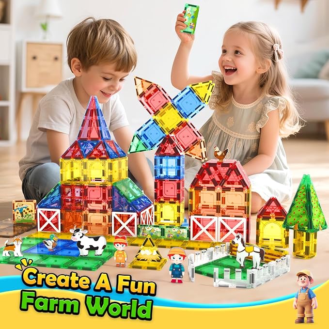 105 PCS Magnetic Tiles with Farm Animals, Magnetic Blocks Building Toys for 3+ Year Old Toddler, Construction STEM Magnet Toys Gift for Kids, Boys and Girls 3 4 5 6 7 8+ Year Old