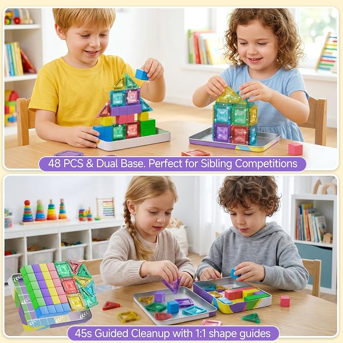 Magnetic Blocks Travel Set: 48 Pieces 3 in 1 Magnetic Tiles Set | Ultra-Lightweight Tin Box, 60-Min Focused Play, 45S Cleanup, on-the-Go Design, Air Travel, Great for Boys & Girls 3-8