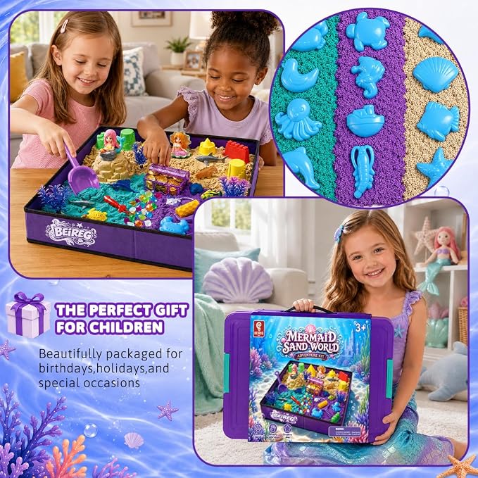 Mermaid Sensory Bin Kit - 58 PCS Sensory Sand Set with 2lbs Magic Sand, 18 Castle & Marine Molds, Foldable Roof Sandbox, Treasure Chest, Ocean Sandbox Mermaid Toys Gifts for Girls Ages 3-8