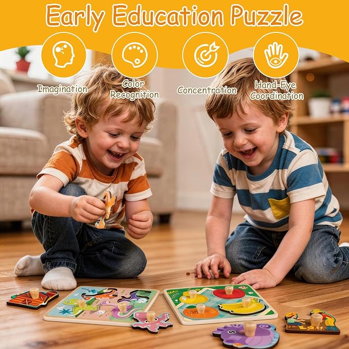Wooden Toddler Puzzles - 4 Pcs Eco-Friendly Animal Patterns Jigsaw With Handles - Infant Kid Fine Motor Skill Learning Educational Montessori Toys for 1-3 Years Old