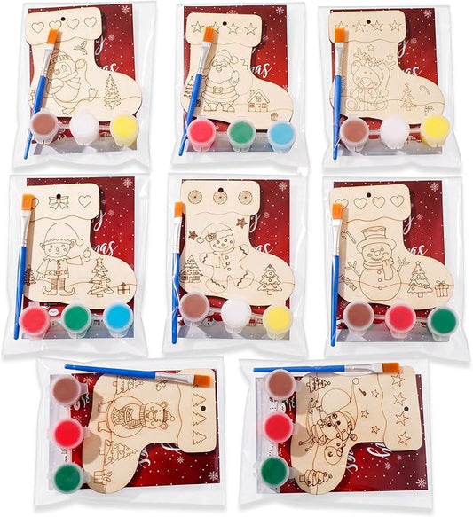 Saypacck 24 Pcs Christmas Stocking Party Favors Wooden Paint Craft Kits | Unicorn Mermaid Designs, Brushes Paints Organza Bags Included, Birthday Goodie Bag Fillers, Kids Girls Thank You Gifts
