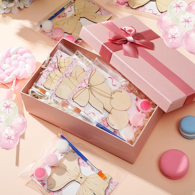 Saypacck 24 Pcs Pink Bow Party Favors Wooden Paint Craft Kits | Bow Themed Craft Activity, Girly Bow Designs for Birthday Parties, Bulk Favors for Goodie Bags,