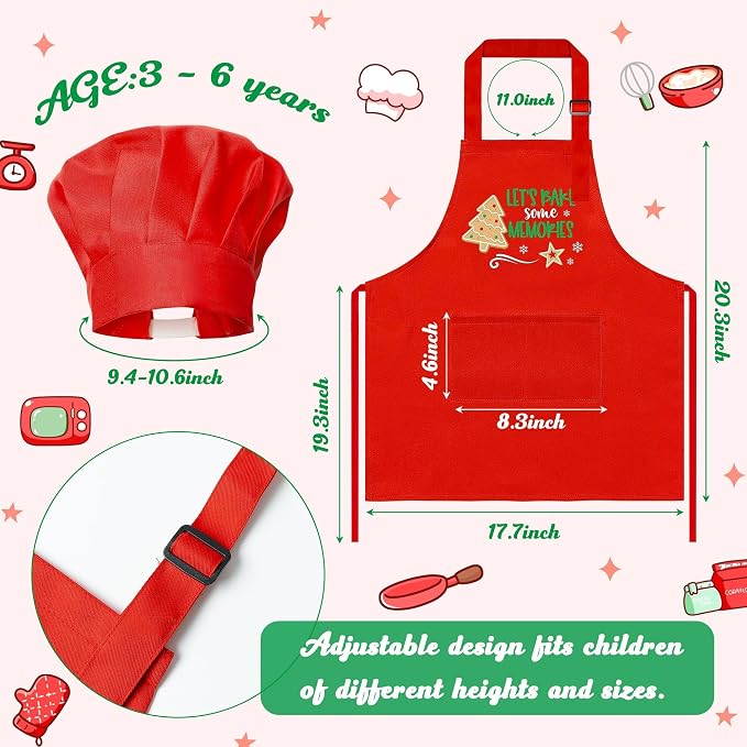 R HORSE 2 Pieces Christmas Kid Apron and Chef Hat Set, Pretend Play Toy | Xmas Red Adjustable Children Kitchen Apron, Ideal for Cooking, Baking, Painting, Birthday Christmas Gift