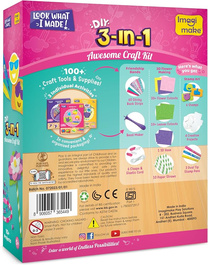 Imagimake Craft Kit - Arts and Crafts for Kids Ages 5+ - Air Dry Clay, Paper Quilling, Stamp Art - 3-in-1 Arts and Crafts Kit - Gifts for 5, 6, 7, 8 Year Olds | Create Window Stickers, Friendship Bands & Stamp Art, Birthday Gift for Girls & Boys Ages 3...