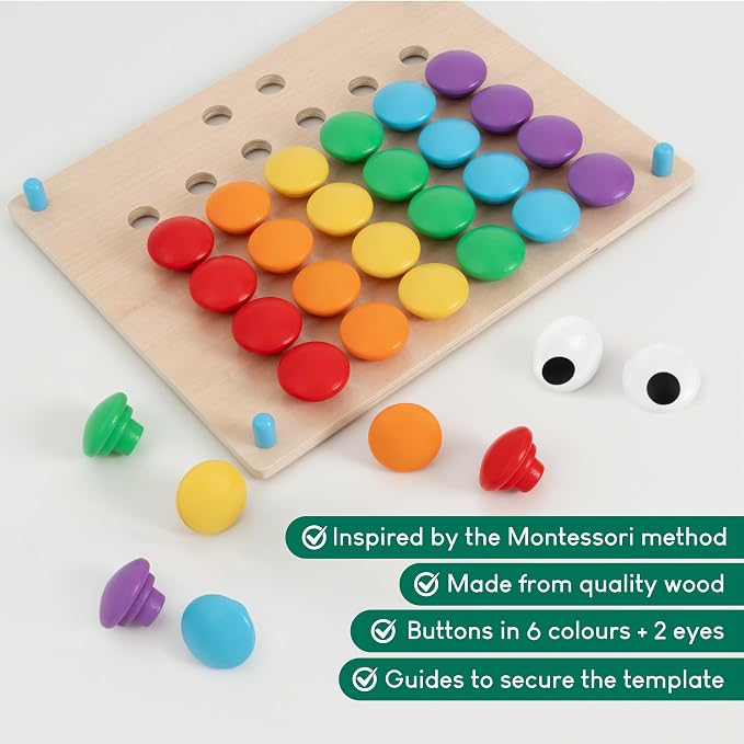 BONNYCO Button Art Toy with 50 Templates and 32 Buttons. Color Matching Peg Board for Kids, Montessori Toys for 2 Year Old, Wooden Puzzle for Toddlers 1-3, Baby Learning Games, Stem Educational Gift | Children's mosaic for fine motor skills. Puzzles an...