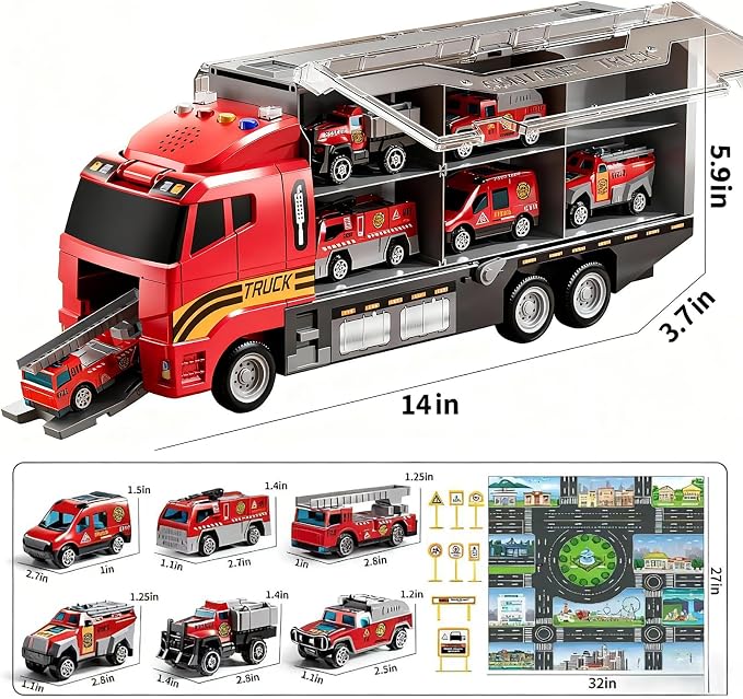 Toddler Toys for 3 4 5 6 Years Old Boys with Die-Cast Toy Cars & Play Mat | Fire Trucks for Toddlers 3-5 with Light and Sound,Friction Powered Truck fire Toy, Birthday & Christmas Gift for Boys & Girls