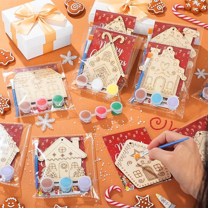 Saypacck 24 Pcs Gingerbread House Party Favors Wooden Paint Craft Kits | 8 Christmas Gingerbread House Crafts, Paintbrush Organza Bags, Christmas Stocking Stuffer Gifts