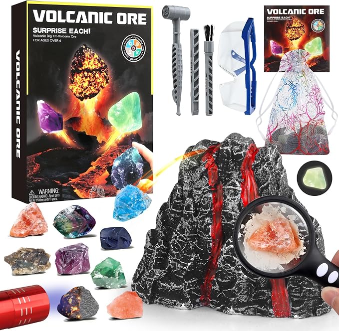Woumserta Volcano Dig Kits for Kids 4-6 8-12, 10 Rocks Excavation Kit Toys | Volcano Toys Digging Toys for Gemstone Rocks Collection, Science Kits for Boys Girls 5 6 7 8 9 Year Old Birthday Gifts