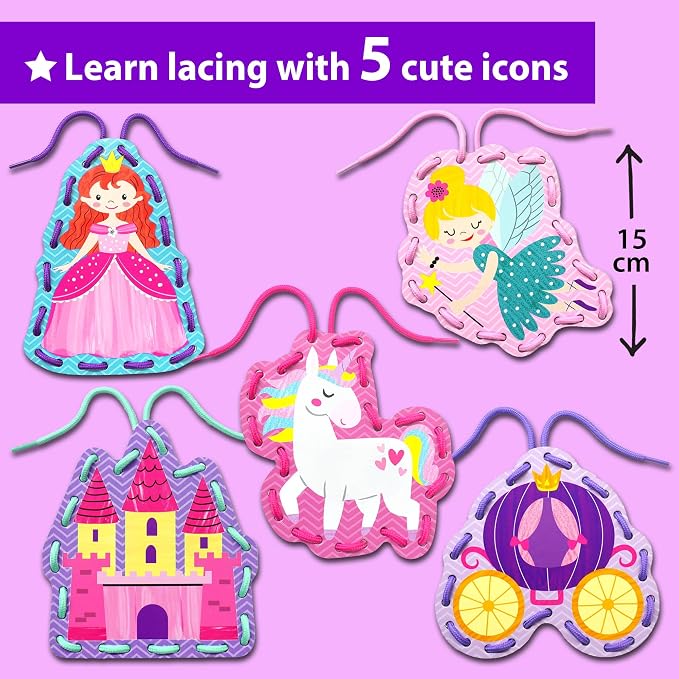 KRAFUN Princess & Castle Lacing Cards Age 3+ | 5 Projects | 5 princess cards: Princess, Unicorn, Castle, Fairy & Crown. Builds fine motor skills. Perfect for toddler girls
