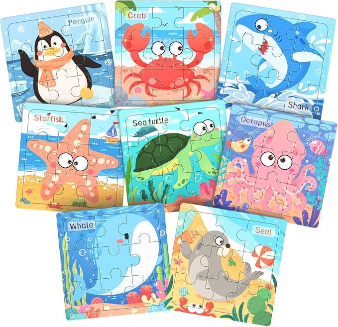 Zeoddler Wooden Puzzles for Toddlers, 8 Pack Sea Animal Jigsaw Puzzles for Kids3-5, 9 Pieces Preschool Learning Activities, Learning & Educational Toys, Gift for Boys, Girls