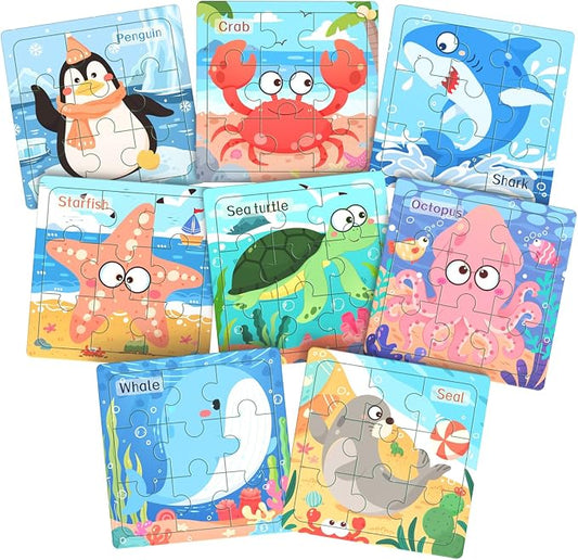 Zeoddler Wooden Puzzles for Toddlers, 8 Pack Sea Animal Jigsaw Puzzles for Kids3-5, 9 Pieces Preschool Learning Activities, Learning & Educational Toys, Gift for Boys, Girls