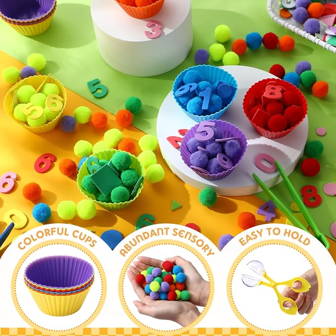 Blosssound 550 Pcs Fine Motor Toys Counting Sorting Sensory Bin Filler Set Include Pom Poms Numbers Shape Cups Tweezers Scissors Clips for Early Education Color Counting Sorting Training Activities