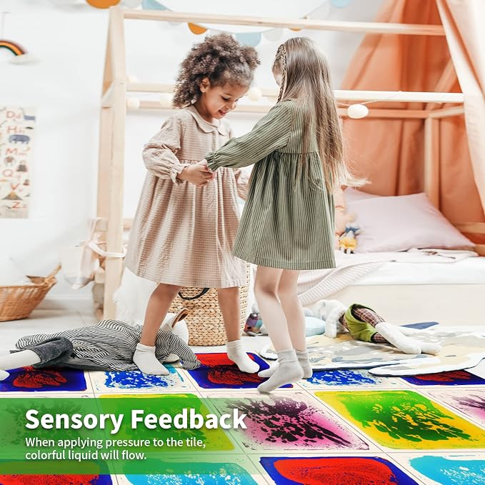 LONGKING 12" X 12" 4-Pack Sensory Floor Tiles for Activity Play Centers for Children, Liquid Tiles, Autism Sensory Poducts | Sensory floor tiles, soft liquid gel, 12"x12", color movement play mat, playroom classroom daycare, 4-pack