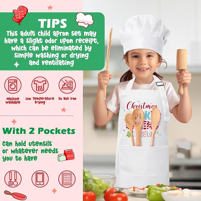 R HORSE 2 Pieces Christmas Kid Apron and Chef Hat Set, Pretend Play Toy | Xmas White Christmas Cookie Baking Crew Children Kitchen Apron, Ideal for Cooking, Baking, Painting, Birthday Christmas Gift