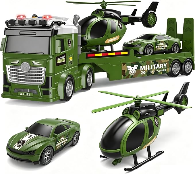 Kids Toys for Ages 3 4 5 6 7 8 Years Old Boys, 25" Large Army Semi Truck with Helicopter & Race Car, Friction Powered Vehicle with Lights & Sounds,Birthday Gift for Boys Girls