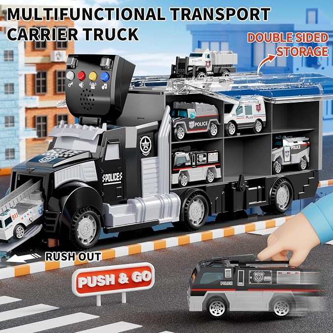 NIPLOOOW Police Trucks Toy Set with Play Mat, Carrier Truck Play Vehicles Set for 3 4 5 6 Years Old Boys Kids, Die-Cast Car Toy for Toddlers 3-4 Years, Birthday Gifts Toys for 3-9 Year Old Boys