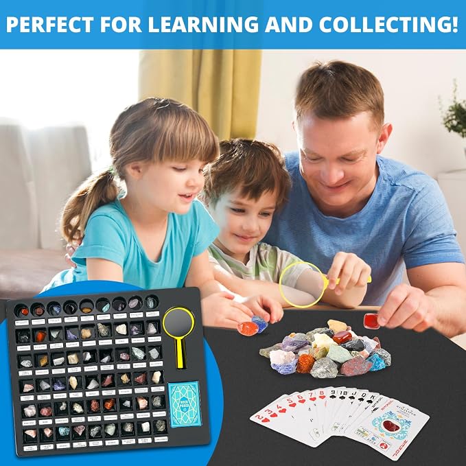 PIBEX Rock Collection Starter Kit, 54 Rocks & Minerals with Name Labels | 9 Polished Gems, 45 Crystals & Stones, Rock ID Cards, Learning Book, Collector Storage Box, Geology Gift for Kids Ages 8+