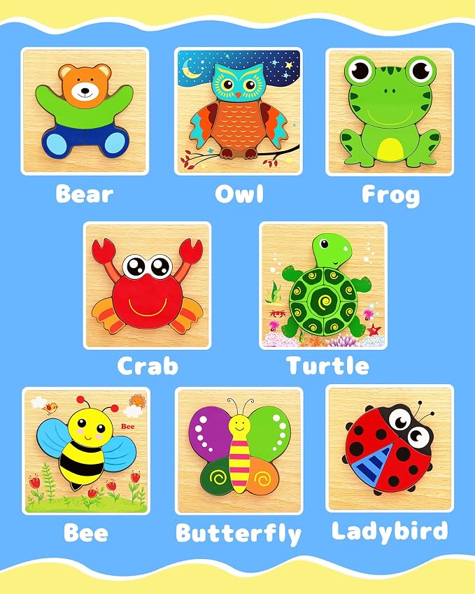 Bekayshad Wooden Puzzles for Toddlers 1-3, Montessori Toys for 1 2 Year Old | Toddler Puzzles, 1 2 Year Old Boy Girl Birthday Gifts, 8 Pack Animal Shape Jigsaw Puzzles, Learning Educational Preschool Toy