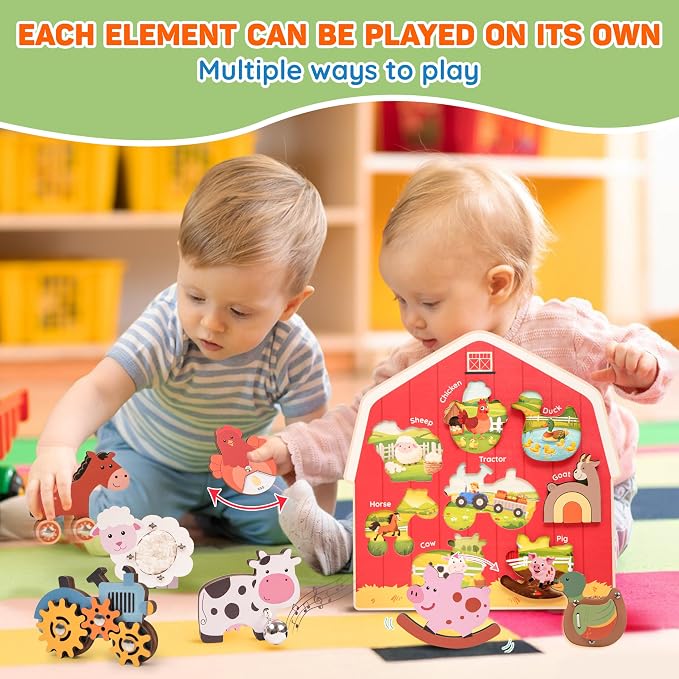 KALOTOYS Wooden Farm Animal Puzzle for Toddlers 1-3 – 8 Piece Montessori Sound & Sensory Puzzle with Textures & Spinning Tractor Gears – Fine Motor Learning Toy & Autism-Friendly Baby Gift