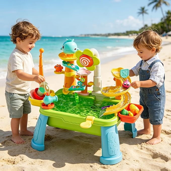 Upgraded 4-in-1 Sand Water Table for Toddlers 1-3, Kids Sensory Table with Electric Water Pump & Sun Flower Faucet, Play Kitchen Sink with Food Accessories, Fishing Toy ‒ Adjustable Height