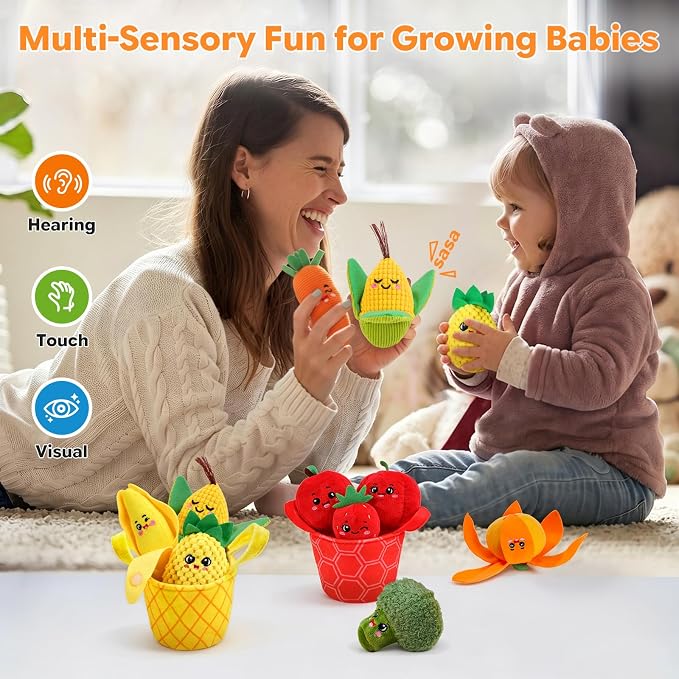 Baby Toys 6-12 Months, Sensory Fruit & Vegetable Toy Set with Rattle, Crinkle & Color Sorting Baskets, 16 PCS Montessori Fine Motor Toy for 6-18 Months, Baby Gifts for Boy Girl 6 9 Months Old
