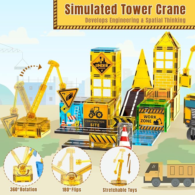 SKTMYY Magnetic Tiles for Kids, Construction Toys with Crane Road Truck | Magnets Building Blocks, Ages 3-5 4-8, Montessori Preschool Educational, STEM Toy, Birthday Gift for 3+ Years Old Boys