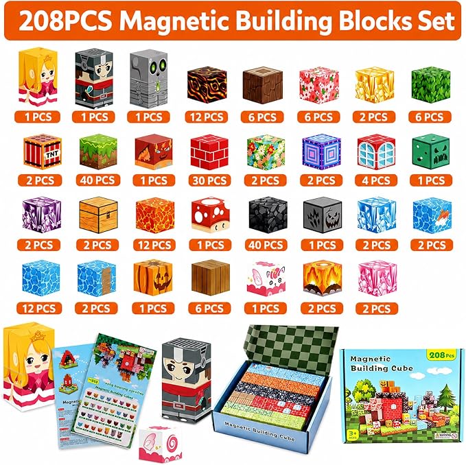 208PCS Magnetic Building Blocks Set for Kids Ages 3-8, 0.8in Magnetic Cubes STEM Construction Toy, 3D Magnet Building Blocks for Boys Girls, Birthday