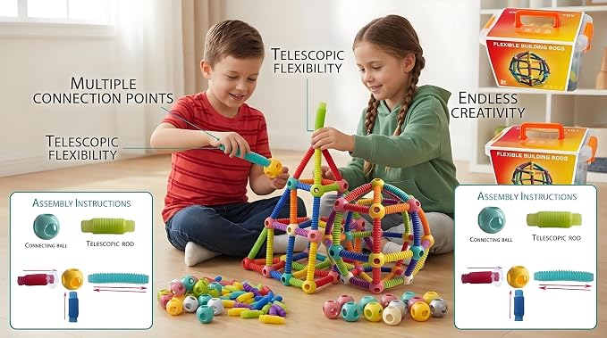 86PCS Flexible Building Rods for Kids Ages 3+, STEM Construction Toy with Bendable Rods & Connectors, Creative Building Set with Storage Box, Educational Toy for Boys & Girls