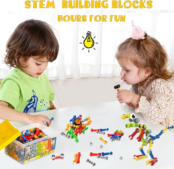 215 PCS STEM Building Blocks Playset for Kids Ages 4-8 Birthday Gifts Boys | Preschool Classroom STEM Activities. Storage box. Build 40+ models with guide. Educational Creative Games, Gift for ages 3+