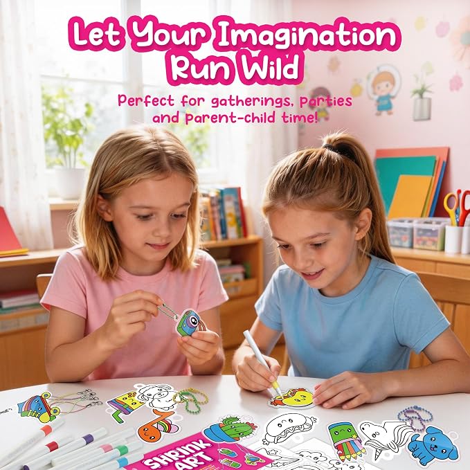 Piano Potato DIY Shrinking Art Kit for Kids - 30 Pre-Cut Shrink Plastic Sheets & Keychain Making Kit, 8 Acrylic Markers, Charms, Bracelets, No Mess Creative Activity, Birthday Gift for Girls Ages 6+