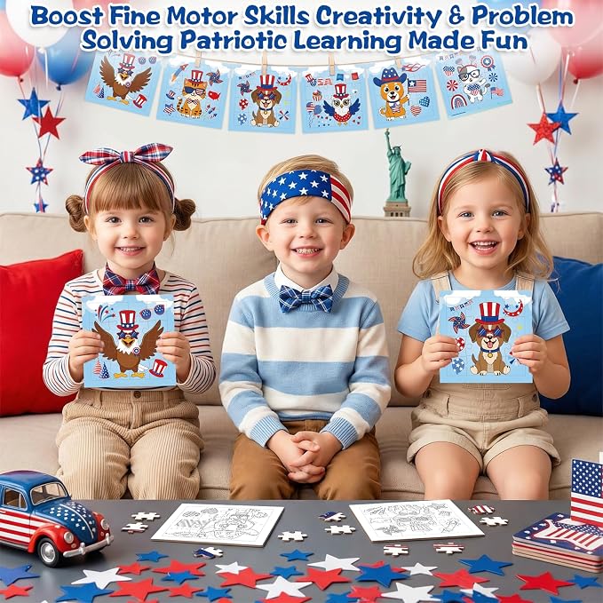 Fennoral 24 Pack DIY Coloring 4th of July Jigsaw Puzzle Craft Kit for Kids | Cute Animal Design, with Display Base, 4.7‑inch, DIY Coloring Art, Classroom Activity, Party Favor Supplies