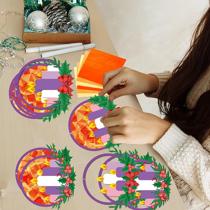 Qyeahkj 36 Set Christmas Advent Wreath Suncatchers Crafts for DIY Advent Candle Tissue Paper Craft Kit Hanging Decor for Xmas Holiday Home Activity Art Project Birthday Party Favor Gift