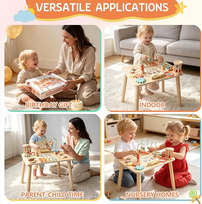 Montessori Toys for 1 Year Old, Wooden Activity Table for Toddlers 1-3, 13-in-1 Sensory Play Table with Bead Maze, Fishing Game, Shape Sorter & Xylophone, Learning Toy, First Birthday Gift
