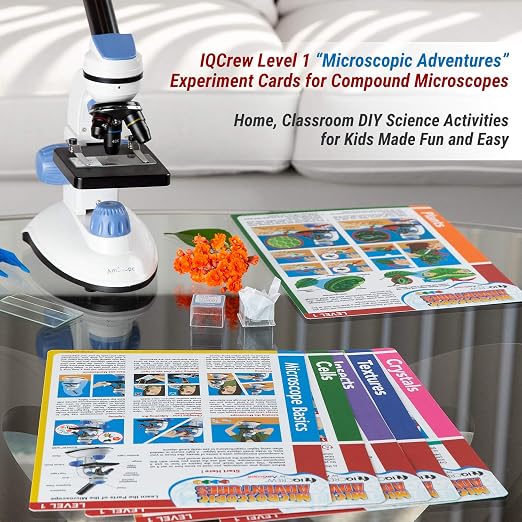 AmScope BK-EXCL1 Microscope Experiment & Activity Cards, Set of 6 | Six laminated cards with 14+ microscope experiments and illustrated step-by-step instructions.