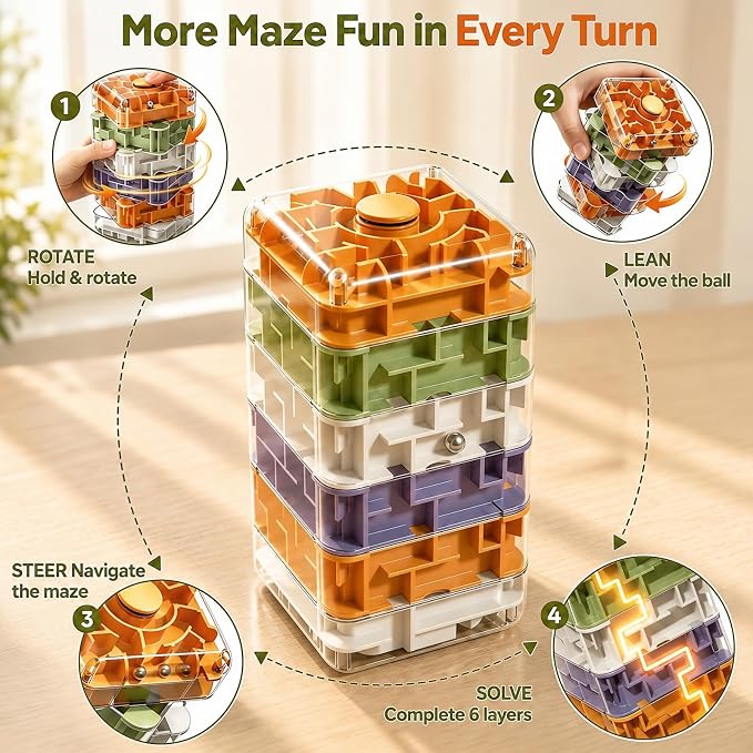 6 Layer 3D Rolling Ball Maze Cube, 2 in 1 Spin Fidget Toy for Kids | Fidget Toy and Stress Toy, 3D Brain Teaser Puzzle Game Portable Activity Toy Birthday Gifts for Kids Ages 3-7+ Boys Girls