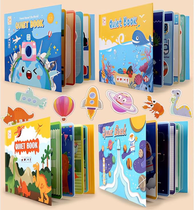 4 Pack DIY Quiet Book for Toddlers, Montessori Busy Book for Kids with Dinosaur, Sea, Travel, Space Preschool Learning Activities & Education Toys