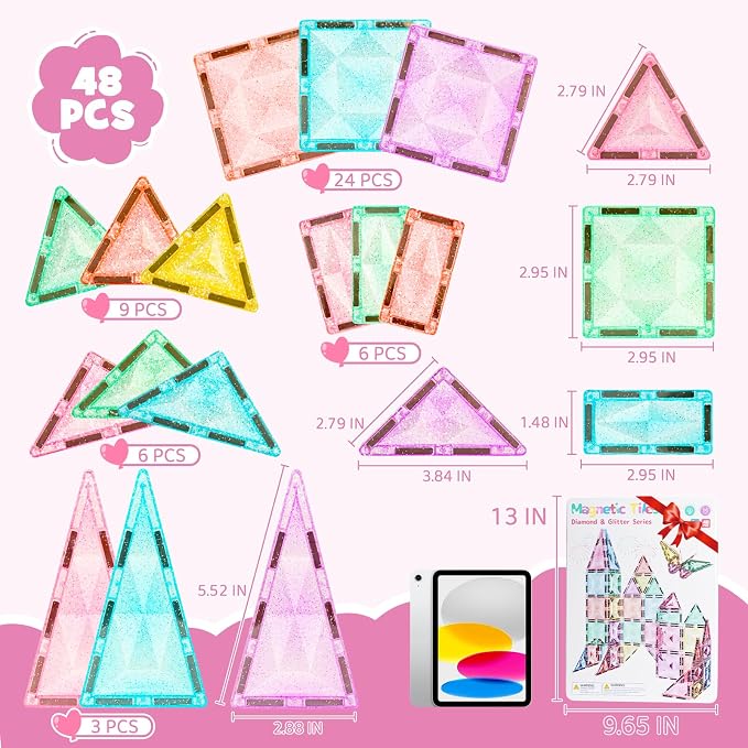 WMXDU Large Pastel Magnetic Tiles: Glitter Diamond Castle Building Set | 48-Piece Glitter Tiles for Girls Ages 3-8, Large Size Safe for Little Hands. Metal Box Stores & Doubles as Base