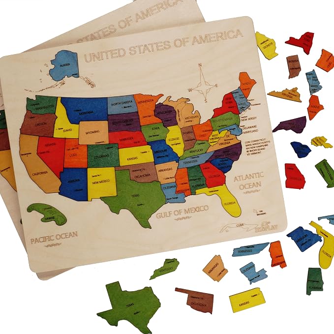 USA Map Wooden Jigsaw Puzzle for Kids | 44 Puzzle Pieces | Learning & Educational Toy Gift for Boys & Girls (ASTM Safety Rating: 3+ Years)